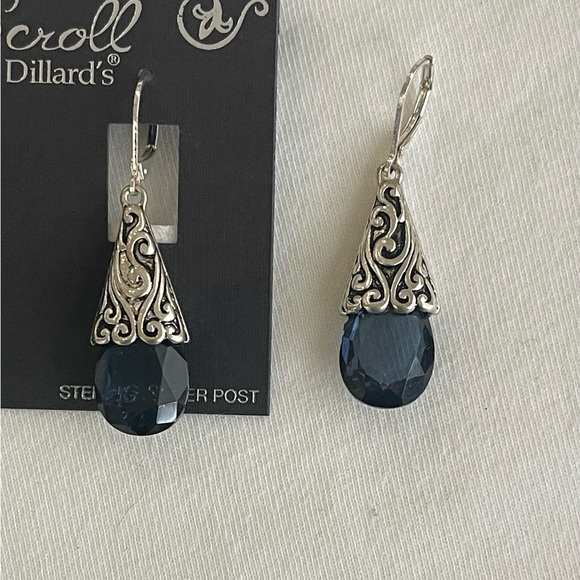 Scroll teardrop earrings w/ Blue crystal stone. Sterling post NWT - Picture 9 of 10